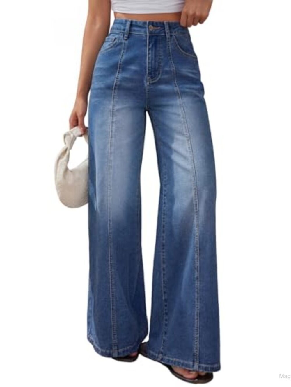 Women's High Waisted Wide Leg Baggy Jeans Cotton Blend Stretch Front Seam Pants